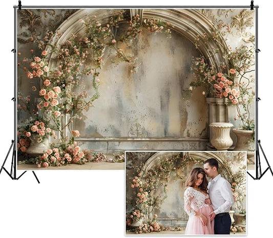 12x6ft Vintage Pink Roses Backdrops for Photoshoot Medieval Building Wall Spring Flower Photography Background for Wedding Bridal Shower Birthday Mothers Day Womens Day Girl Women Portrait