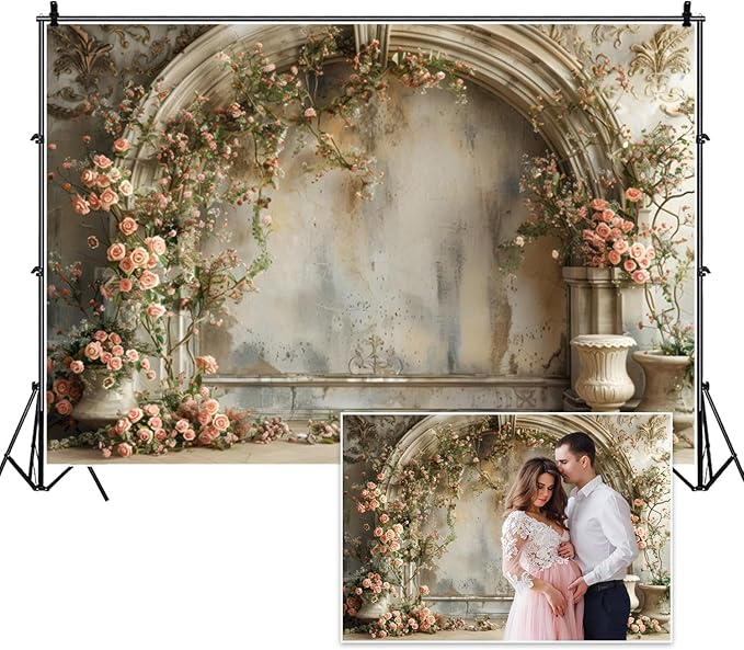 8x6ft Wedding Floral Backdrops Vintage European Building Wall Spring Pink Roses Flowers Elegant Photography Background for Mothers Day Birthday Bridal Shower Valentines Day Girls Women
