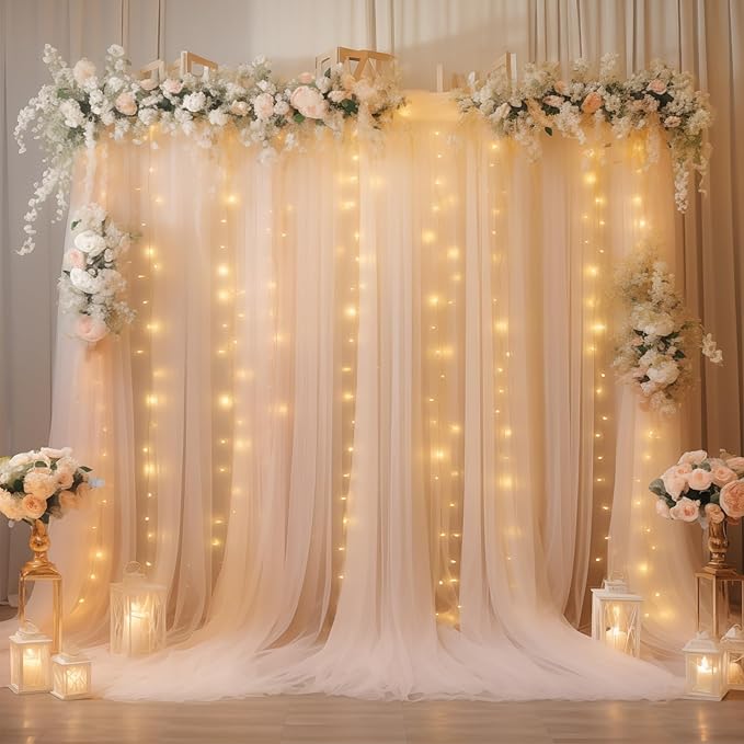 10ft x 8ft Champagne Backdrop Curtain with Lights String for Parties, Sheer Tulle Wedding Photo Backdrops Drapes for Baby Shower Birthday Party Decorations Background for Photography
