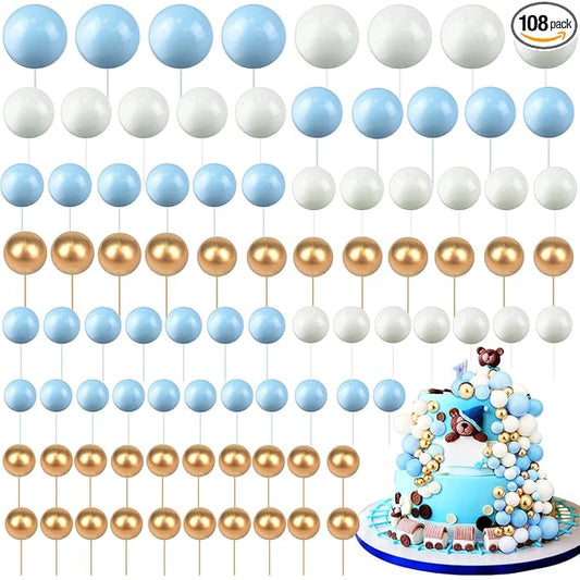 108 Pcs Balls Cake Topper DIY Cupcake Insert Foam Balloons for Cake Baking Wedding Anniversary Birthday Decoration(Blue, White, Gold,Multi Sizes)