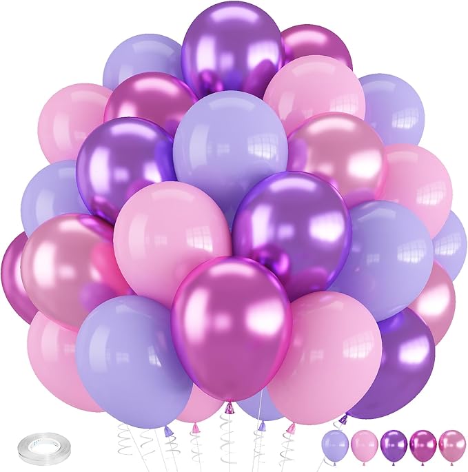 Pink and Purple Balloons, 60 PCS 12 Inch Metallic Purple and Pink Latex Balloons for Girls Princess Birthday Baby Shower Wedding Party Decorations