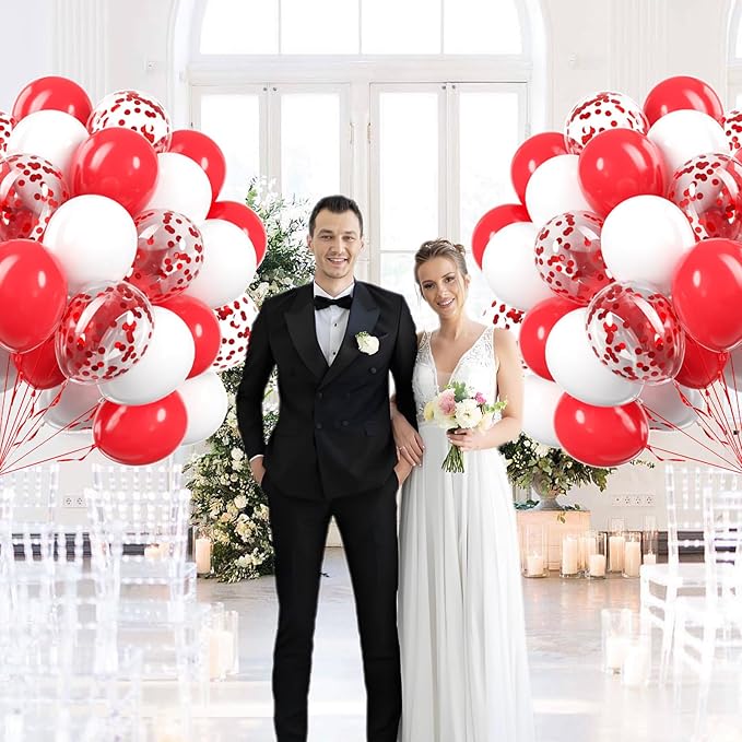 60pcs Red and White Balloons 12inch with White Red Confetti Balloons for Wedding Engagement Christmas Valentine's Day Birthday Party Decorations