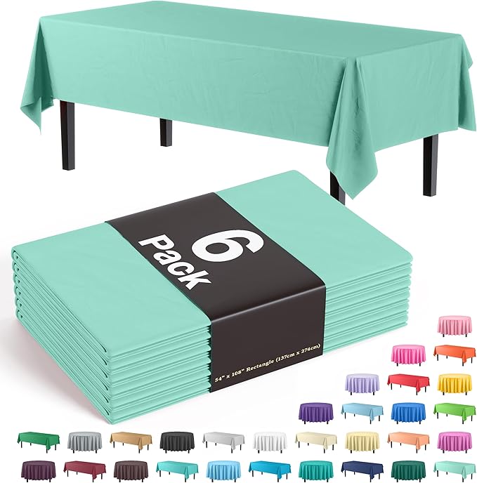Party Solids 6-Pack Premium Plastic Tablecloth 54in. x 108in. Rectangle Plastic Table Cover - Mint