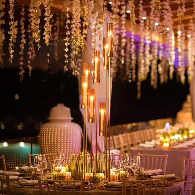 4Sets Floor Candelabra Tall 7 Arm Centerpieces for Wedding, 48" Tall Metal Candlestick Holders with Acrylic Lampshade for Home Party Decor Fit LED Taper Candles candelabros para centros de mesa