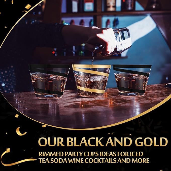 Gejoy 9 oz Rimmed Swirl Plastic Cups Disposable Wine Drinking Cups Clear Elegant Halloween Tumblers for Christmas Party Supplies(Black, Gold,100 Pcs)