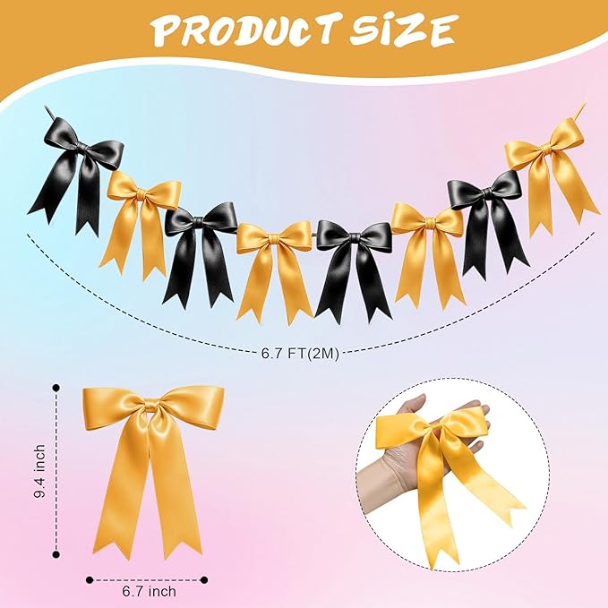 1 String of 8PCS Black&Gold Bow Garland Banner Decoration,Pre-Strung Satin Ribbon Ornaments for Birthday,Bachelorette Party,Bridal Shower,Wedding,Engagement,Baby Shower,Graduation Decor,Anniversary