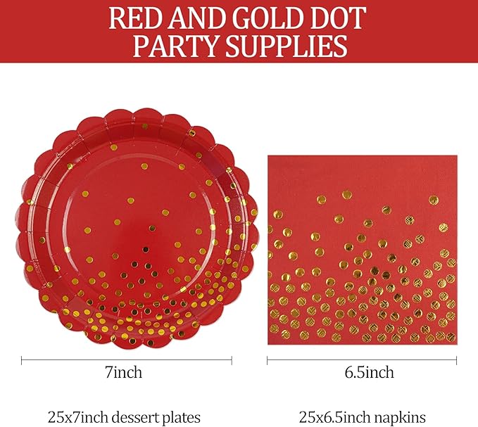 50PCS Red Paper Plates and Napkins Set - Red and Gold Dot Disposable Party Plates Dinnerware Party Supplies Decorations for Birthdays, Christmas, Engagement and Weddings