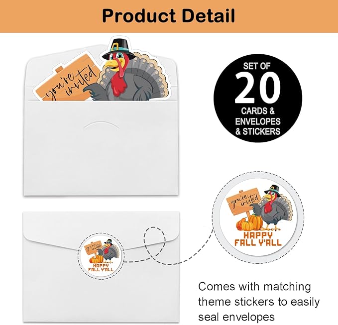 REWIDPARTY 20 Pack Thanksgiving Party Invitation Cards with Envelopes & Stickers, Thanksgiving Turkey Shaped Fill-in Invitations Fall Party Invites Cards Thanksgiving Party Supplies for Kids Adults