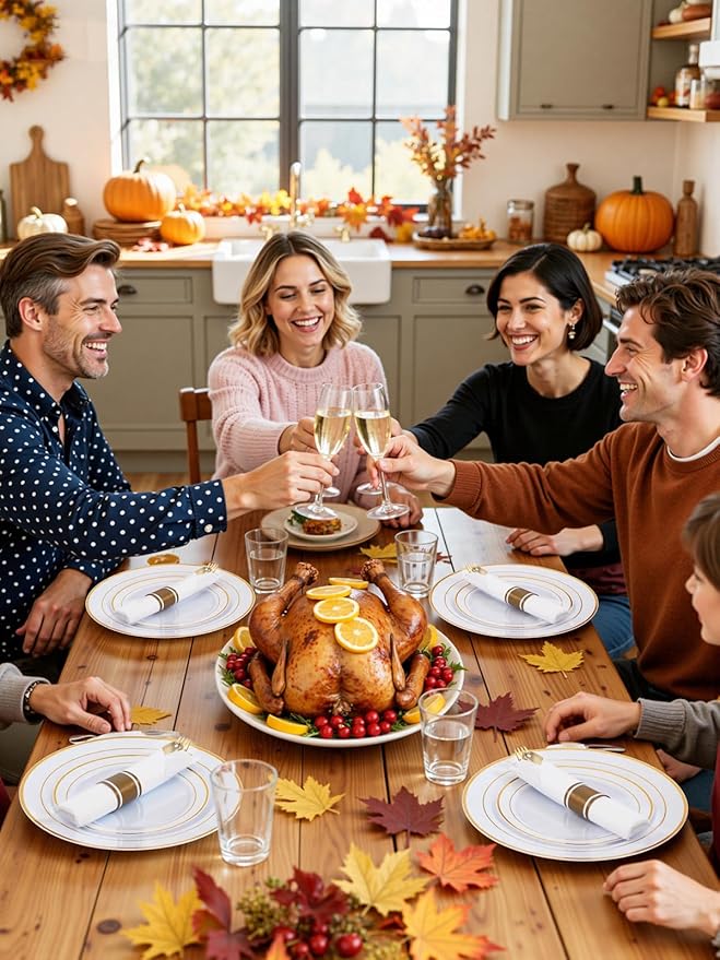 175PCS White and Gold Plastic Plates - Thanksgiving Plates with Rolled Napkins for Party - 25Guest Disposable Dinnerware Sets for Party/Thanksgiving/Wedding