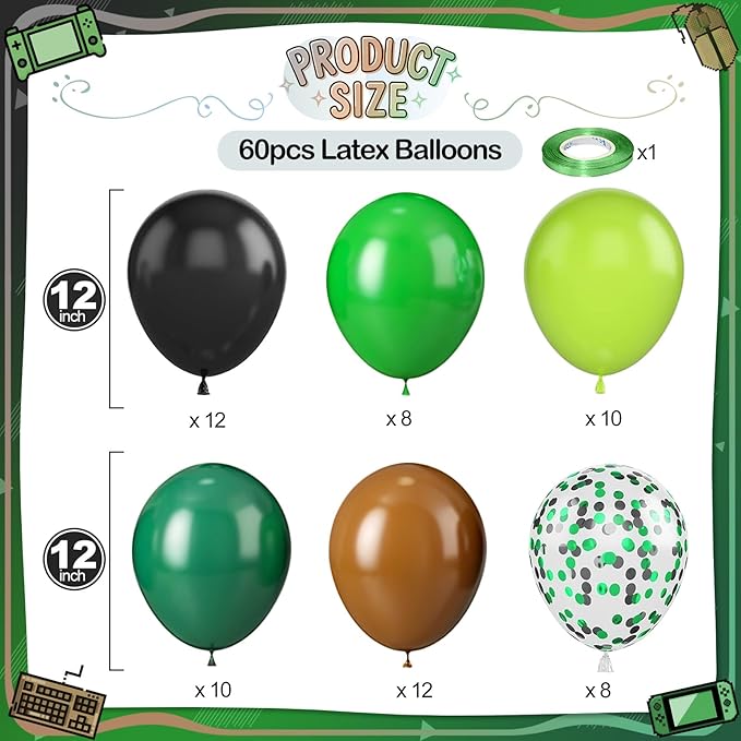 Green Brown Balloons, 60 Pcs 12 Inch Dark Green Black Confetti Balloons for Boys Men Kids Video Game Theme Jungle Safari Baby Shower Woodland Hunting Graduation Camo Birthday Army Party Decorations