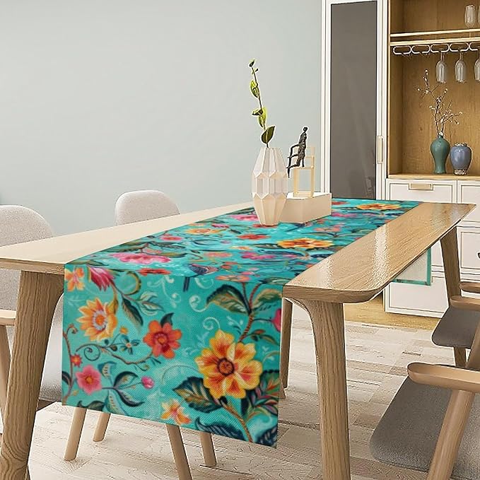 Flowers Birds Spring Table Runner, Colorful Birds Branches Blue Floral Seasonal Kitchen Dining Table Decoration for Home Party Decor 13x108 Inch