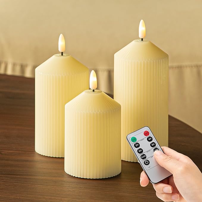 Flameless Candles with Remote, 3 Pack Battery Operated Candles Real Wax LED Fake Pillar Candles with Timer Flickering Battery Candle for Wedding Home Party, Ivory