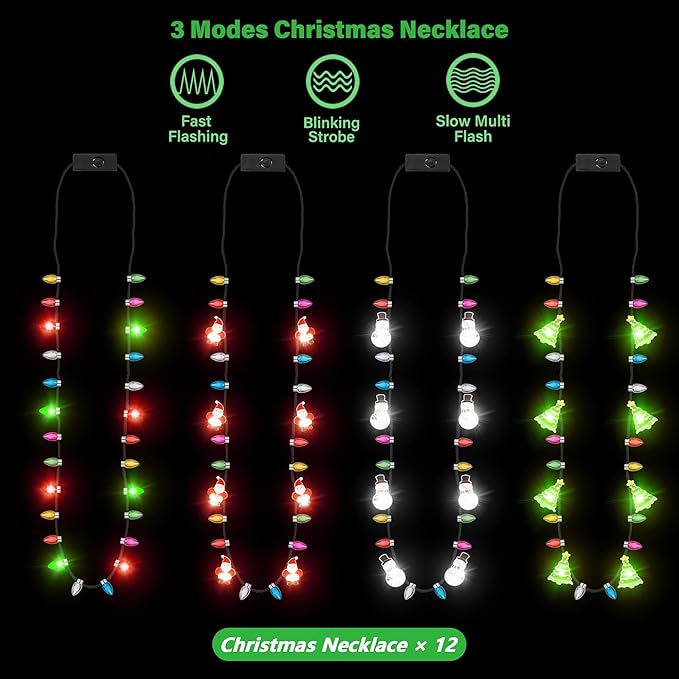 100pcs Christmas Necklaces Bulk, Light up 4 Kinds Christmas Necklace Accessories, Colorful 3 Modes Xmas Bulb Necklaces Party Favors, Xmas Ugly Sweater New Year Family Party Supplies Decorations