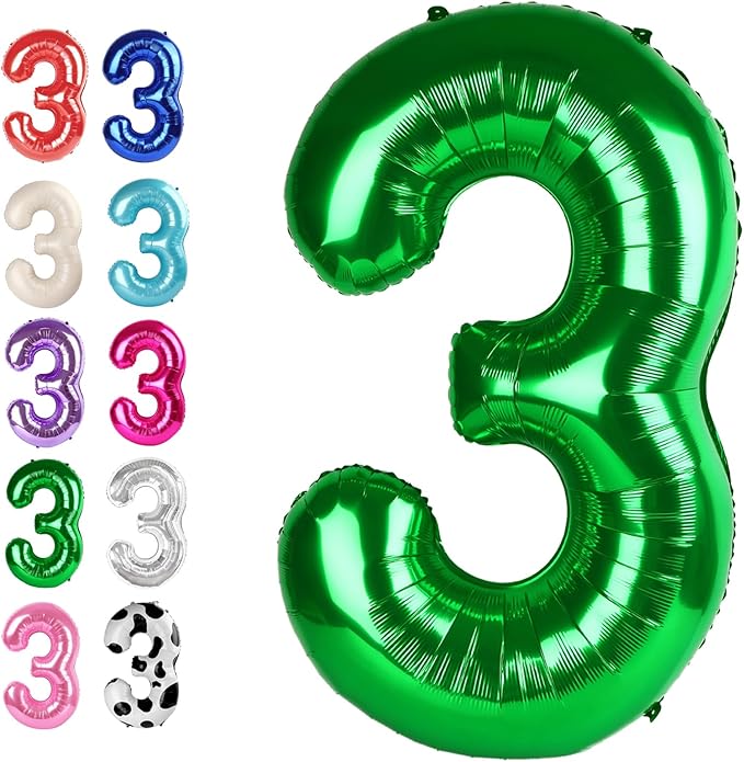 40 Inch Green 3 Large Number Balloon, 3 13 23 30 33 36 38 Green Birthday Party Decorations, Number Three Foil Balloons for Anniversary Party Graduations Celebration Supplies