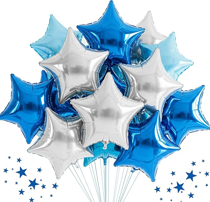 TONIFUL 30Pcs 18 Inch Large Blue Silver Star Shape Foil Balloons Big Stars Helium Mylar Ballons for Birthday Wedding Baby Shower Anniversary Engagement Party Decorations Supplies