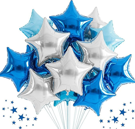 TONIFUL 30Pcs 18 Inch Large Blue Silver Star Shape Foil Balloons Big Stars Helium Mylar Ballons for Birthday Wedding Baby Shower Anniversary Engagement Party Decorations Supplies