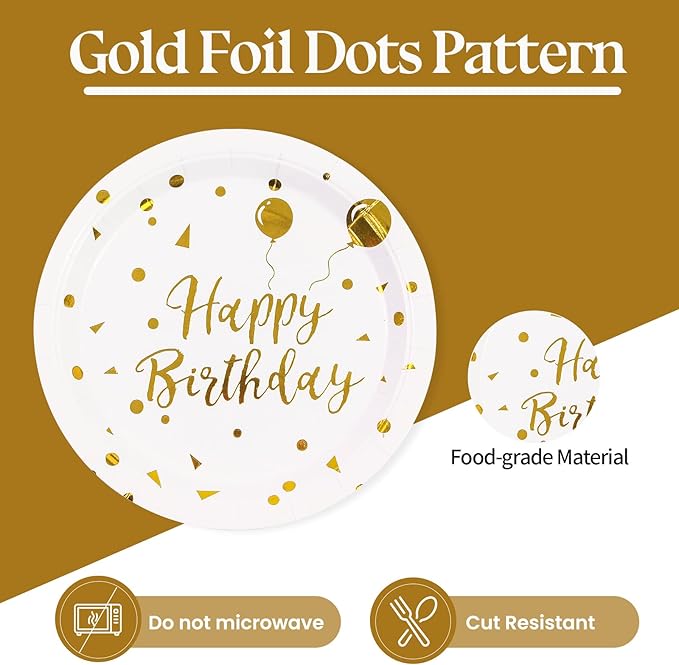 9Inch Birthday Plates and Napkins, White and Gold Balloons Dessert plates Disposable Party Supplies 40PCS Cake Paper Plates Tableware for Birthday Party Decorations