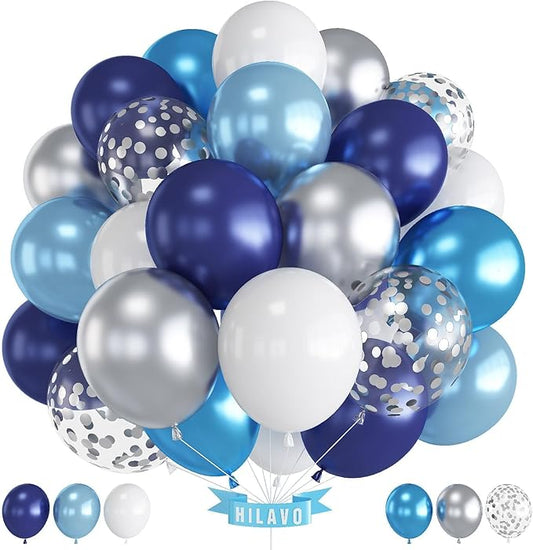 Blue Silver Balloons 12 Inch Navy Blue Silver White Balloons 35 Pcs Night Blue Metallic Silver Helium Latex Balloon Set for Graduation Retirement Wedding Bridal Baby Shower Birthday Party Decorations