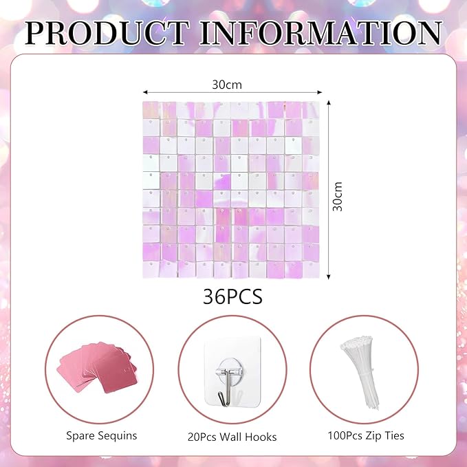 36 PCS Colorful Pink Shimmer Wall Backdrop, Square Sequin Photo Backdrops Panel, Glitter Wall Background for Birthdays, Weddings, Halloween, Engagements, Disco Bachelorette Party Decoration (6FTx6FT)