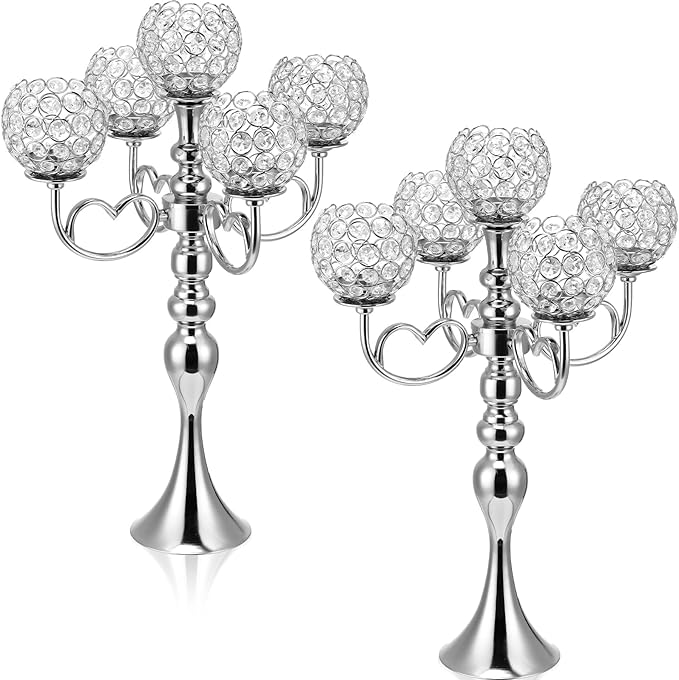 2 Pack 5 Arm Crystal Candelabra Centerpieces 21.5 Inch Tall Candle Holder Table Candelabra Stand with Crystal Candle Holder Bowl for Home Wedding Anniversary Dinner Party Table Decoration (Silver)