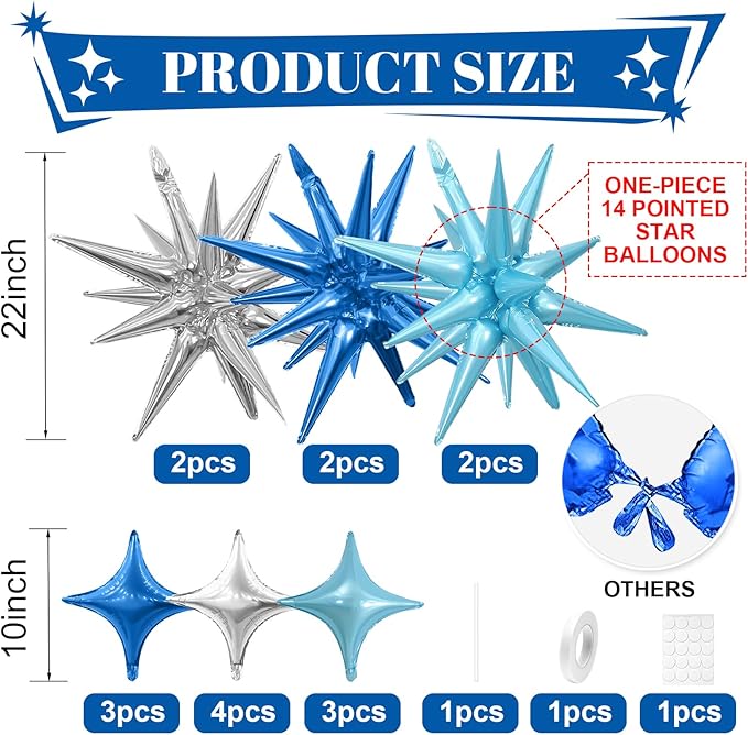 Blue Silver Star Balloons Kit with 6pcs 22in Cone Foil Balloons and 10pcs 10in Four Pointed Star Balloons for Birthday Anniversary Disco Party Decorations