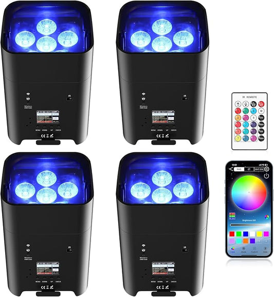 4Pcs Battery Powered Uplights Rechargeable Par Can 6x18W RGBWA+UV LED Uplight 9600 mAh APP/Remote/DMX512 Control Stage Lights Uplighting Indoor for Wedding DJ Church Christmas Dance