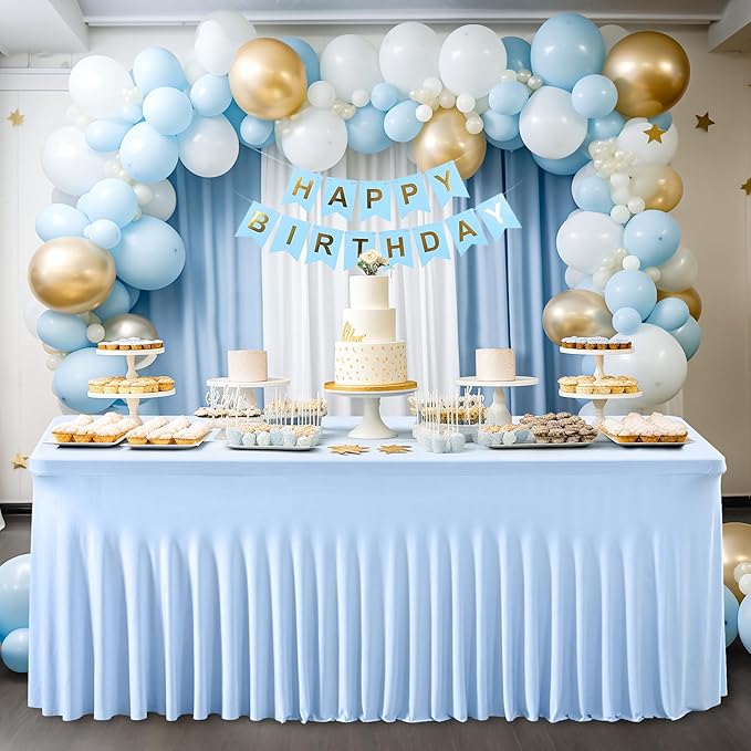 1 Packs Baby Blue Table Clothes for 6 Foot Rectangle Tables, One-Piece Wrinkle Resistant Stretch Spandex Table Covers with Skirt for Event Banquet Wedding Birthday Party