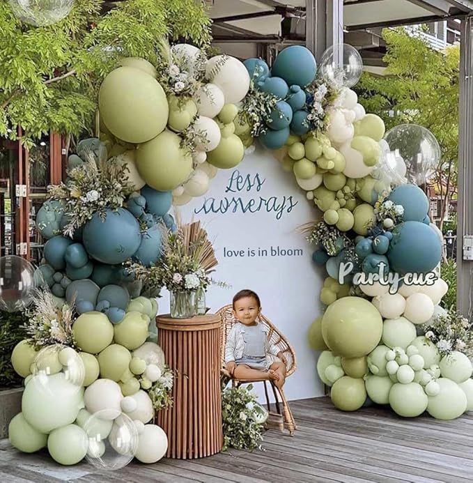 Blue Green Balloon Arch Kit Double Stuffed, Dusty Mint Green Slate Blue White Pastel Olive Balloon Garland with Clear Bobo for Neutral Baby Shower Bridal Wedding Birthday Winter Party Decoration