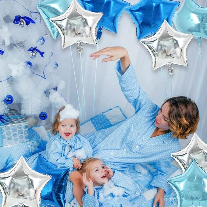 TONIFUL 30Pcs 18 Inch Large Blue Silver Star Shape Foil Balloons Big Stars Helium Mylar Ballons for Birthday Wedding Baby Shower Anniversary Engagement Party Decorations Supplies