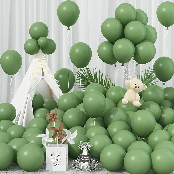 Sage Green Balloons 12 Inch, 100 Pack Eucalyptus Olive Vintage Green Balloon Matte Dusty Green Dark Avocado Green Helium Latex Balloons for Birthday Boho Baby Shower Wedding Party Decorations
