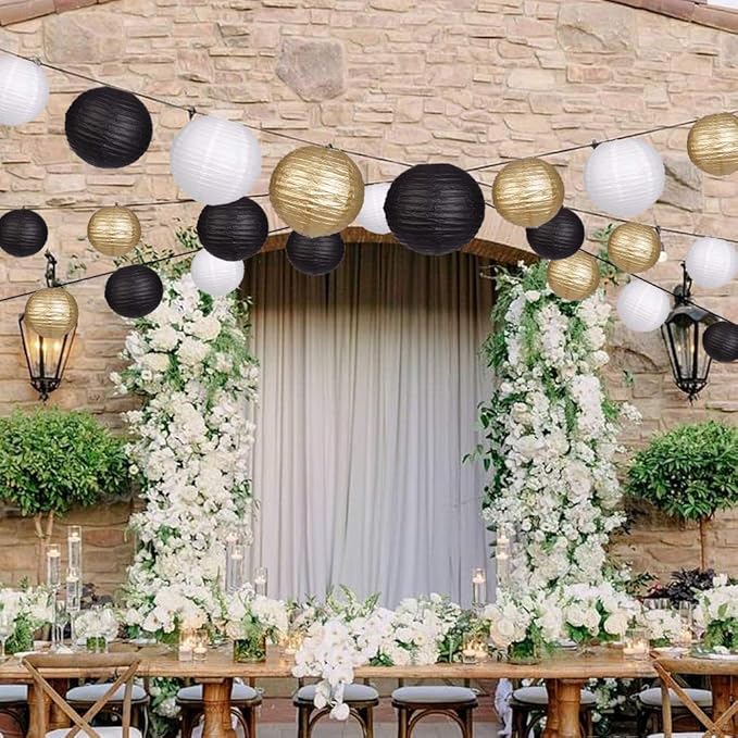 Paper Lanterns Decorative, Round Hanging Paper Lanterns Decorations for Wedding Graduation Anniversary Birthday Party Supplies Black/Gold/White 15pcs