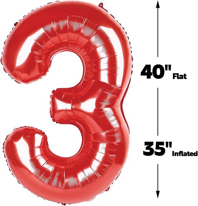 40 Inch Red 3 Large Number Balloon, 3 13 23 30 33 36 38 Red Birthday Party Decorations, Number Three Foil Balloons for Anniversary Party Graduations Celebration Supplies