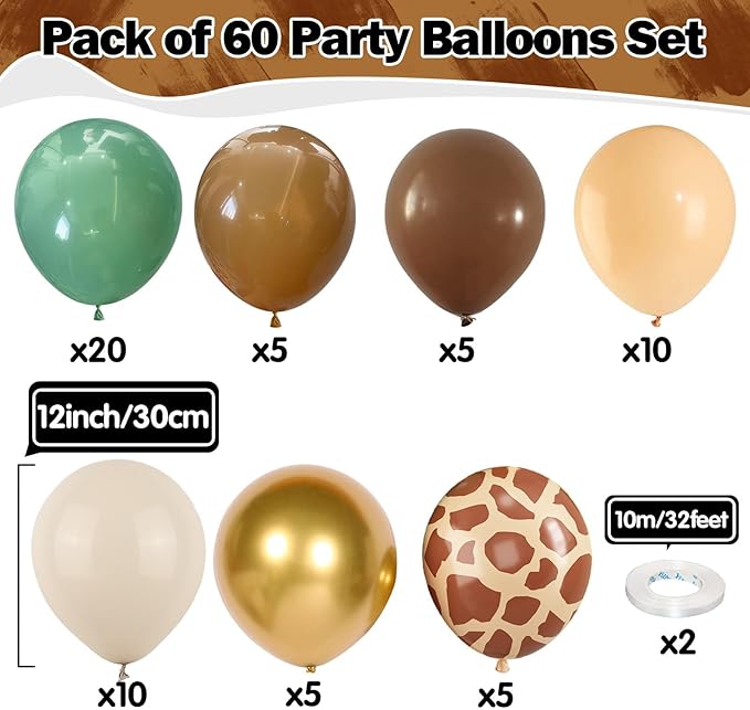 Green Brown Balloons 60 Pcs Jungle Safari Sage Green Brown Gold Cream Balloons Retro Khaki Avocado Apricot Balloon for Boys Giraffe Woodland Animal Baby Shower Birthday Party Decorations
