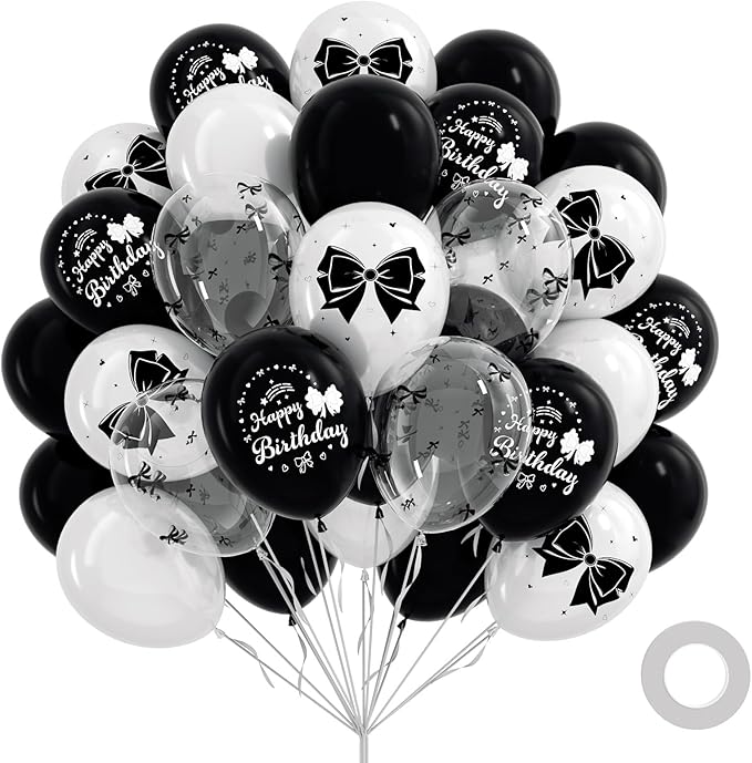 60pcs Black Bow Balloons 12inch with White Black Clear Bow Balloons for Coquette Black and White Birthday Party Decorations