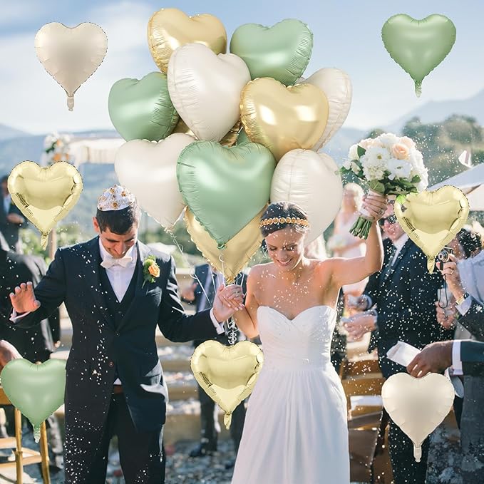 Sage Green Gold Heart Balloons, 12PCS Green Gold Heart Shaped Foil Balloons, 18Inch Green Cream White Heart Helium Foil Balloon for Jungle Woodland Birthday Wedding Baby Shower Party Decoraion
