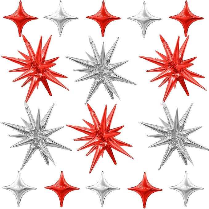 Red Silver Star Balloons Kit with 6pcs 22in Cone Foil Balloons and 10pcs 10in Four Pointed Star Balloons for Birthday New Year Christmas Anniversary Disco Party Decorations