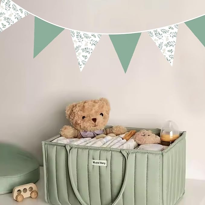 32Ft Sage Green Leaves Party Decorations Green Leaves Triangle Flag Fabric Banner Pennant Bunting Garland Streamers for Birthday Wedding Baby Bridal Shower Jungle Safari Summer Spring Garden Decor