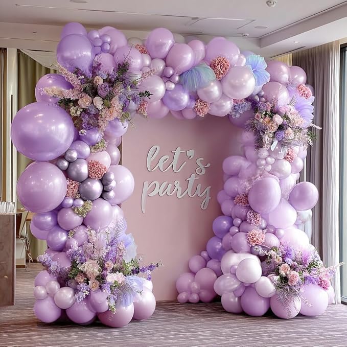 Pearl Purple Balloon Arch, Double Stuffed Light Pastel Purple Balloons Different Size Lavender Lilac Latex Balloon Garland Kit for Birthday Bridal Wedding Baby Shower Party Decorations