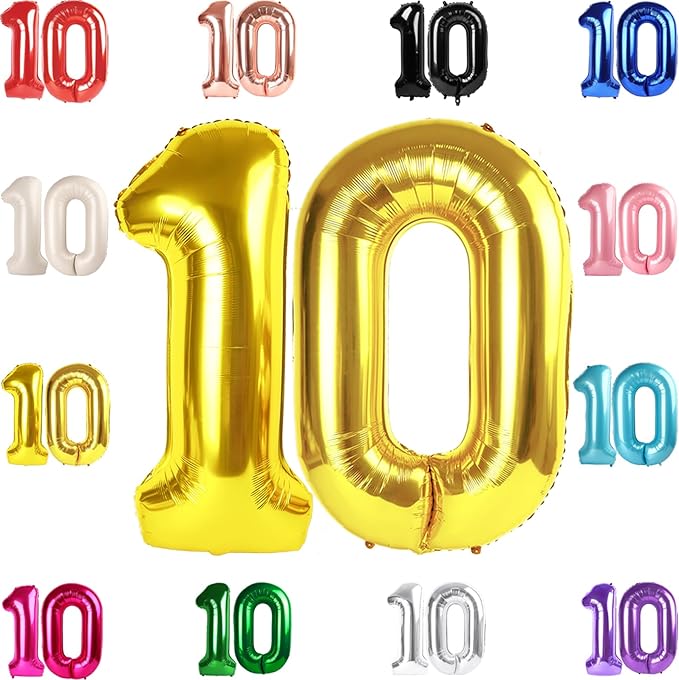 10 Balloon Number, Gold Number 10th Birthday Balloons 40 Inch, 10 Years Old Gold Birthday Decorations for Boys Girls, 10th Anniversary Decorations