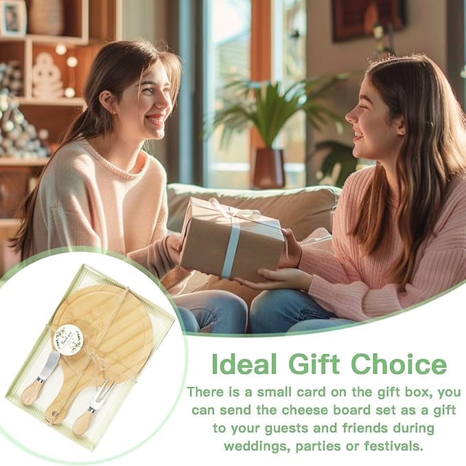 24 Set Bridal Shower Party Favors Round Wooden Cheese Board Gift Set with Box Knife Fork and Thank You Tag, Bamboo Charcuterie Board for Guests Wedding Bridal Baby Shower Housewarming Party Gifts