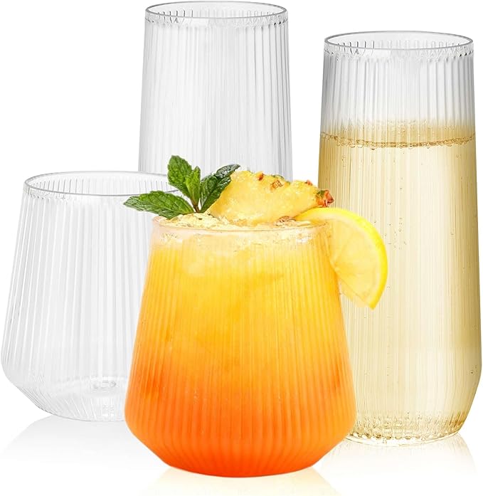 48 Pack Plastic Glasses – 24 x 9oz Stemless Champagne Flutes & 24 x 12oz Stemless Wine Glasses – Elegant Disposable Shatterproof Cup – BPA-Free Drinkware for Weddings, Parties (Clear Ribbed)