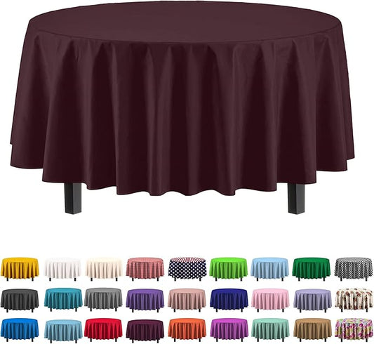 Party Solids 6-Pack Premium Plastic Tablecloth 84in. Round Plastic Table Cover - Brown