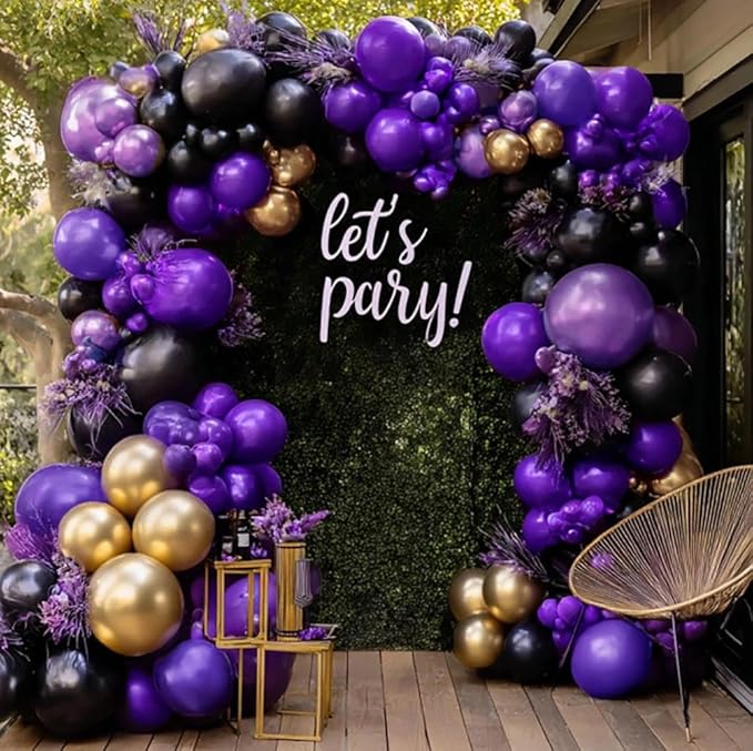 Purple Black Gold Balloon Garland Double Stuffed Dark Purple Black Balloons Metallic Lilac Balloon Arch Kit for Birthday Prom Anniversary Bachelorette Party Decoration