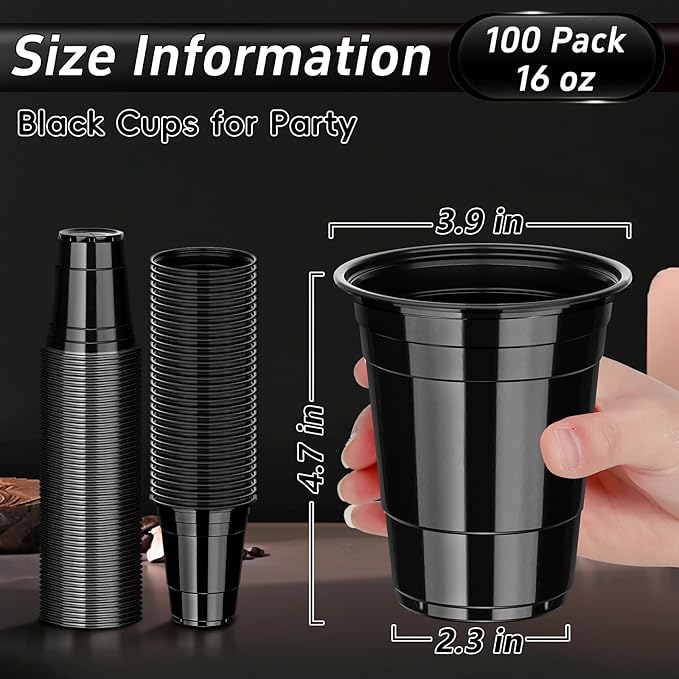 Dualshine 100 Pack Black Plastic Cups 16 oz, Disposable Cups for Party, Heavy Duty Drinking Cups, Halloween Cup for Wedding Birthday Beer Taste Serving Snack Sample Tastings Barbecues Picnic