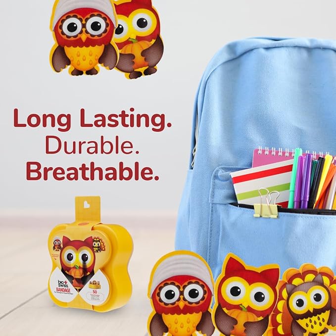 BioSwiss Kids Bandages, Thanksgiving Shaped Self Adhesive Bandage Set, Latex Free, Sterile Wound Care, 50 Count