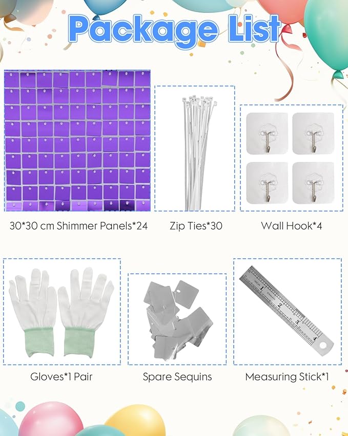 Purple Shimmer Wall Backdrop 24 Panels Cover 6 x 4 Ft, Photo Backdrops for Wedding,Anniversary,Birthday,Party Decoration