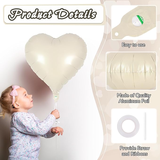 12 Pcs Cream Heart Balloons,18 Inch Cream White Heart Shape Foil Balloons Love Balloon Valentine Balloon for Birthday Party Wedding Engagement Party Baby Shower Valentine Day Decorations (cream)