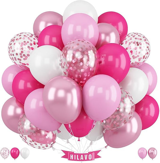 Pink Balloons Set 12 Inch Hot Pink and White Balloons 35 Pcs Rose Red Light Metallic Pink Confetti Balloon for Girls Women Princess Valentines Engagement Wedding Baby Shower Birthday Party Decorations