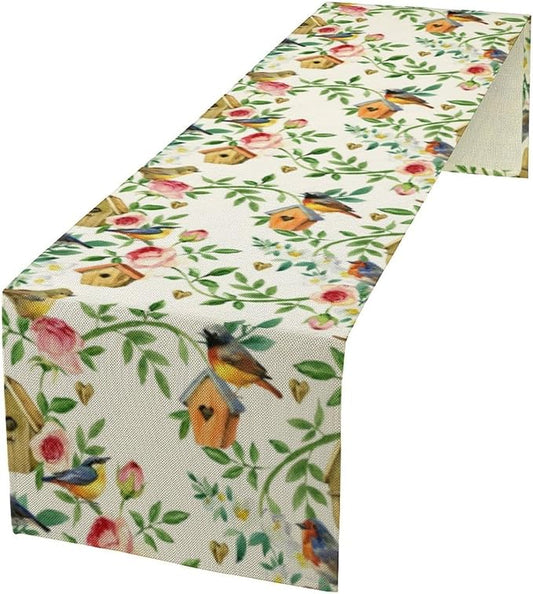 Birds Flowers Spring Table Runner,Watercolor Floral Leaves Seasonal Home Party Kitchen Dining Table Decoration 13x108 Inch