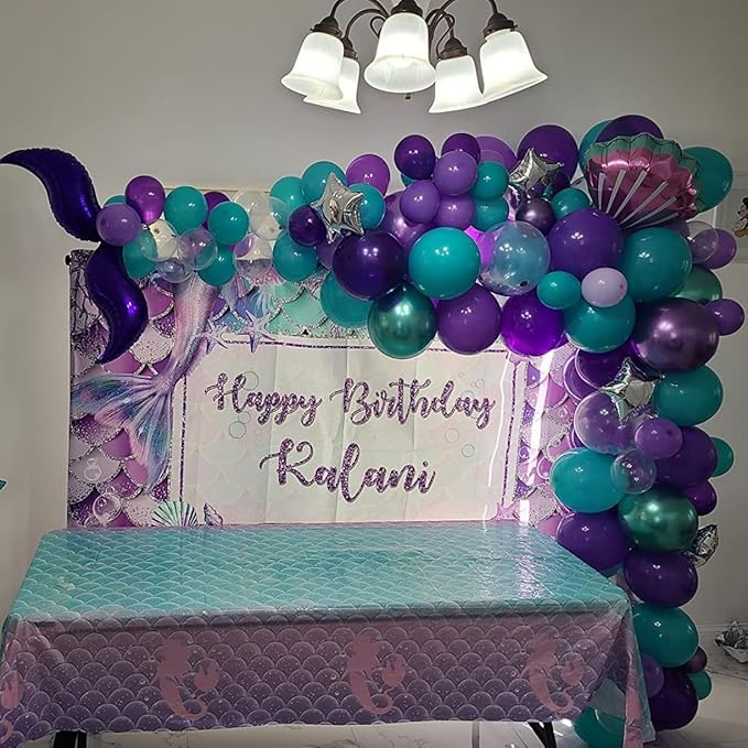 Mermaid Balloons, 60pcs 12 Inch Purple Teal and White Balloon Set with Metallic Purple Green Teal Purple Confetti Balloon, Pearl White Balloons for Birthday Wedding Mermaid Party